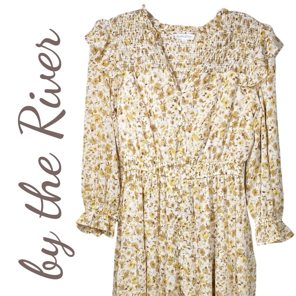 By the River Romantic Floral Boho Smocked Tiered Maxi Dress Cream Yellow, Medium - Picture 5 of 14